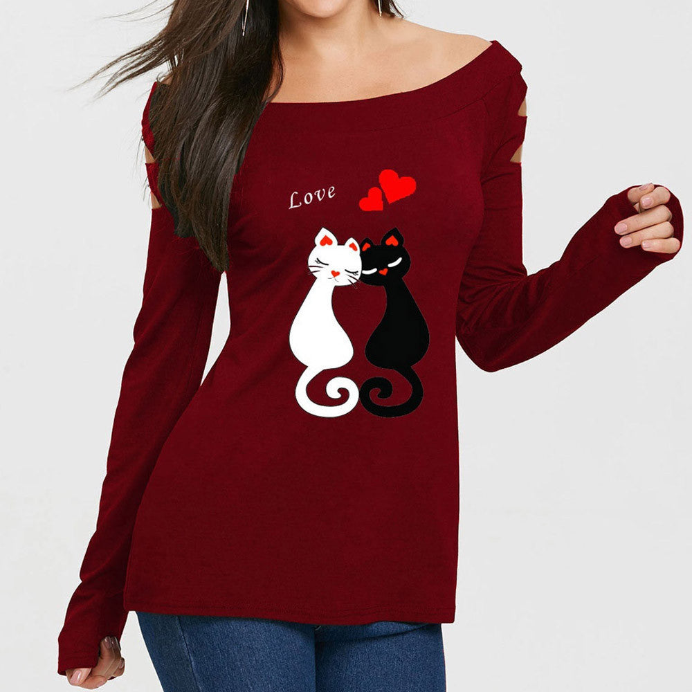 Cutout Sleeve Scoop Neck Cat Tee