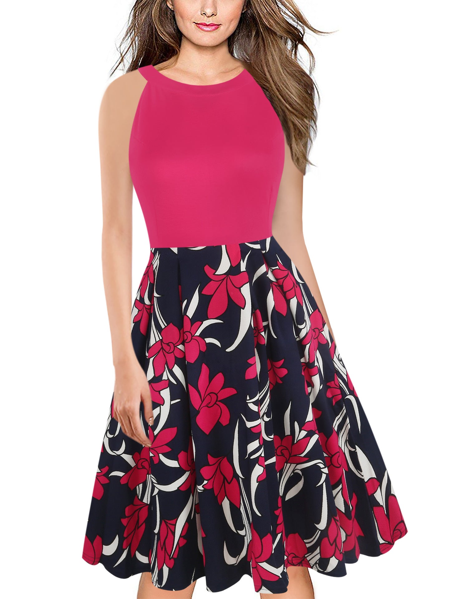 Contrast Floral Skirt Yoke Dress - Theone Apparel