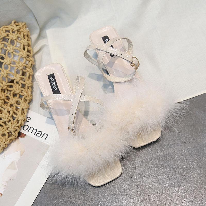 Fluffy Fur Strap Kitten Heel Sandals