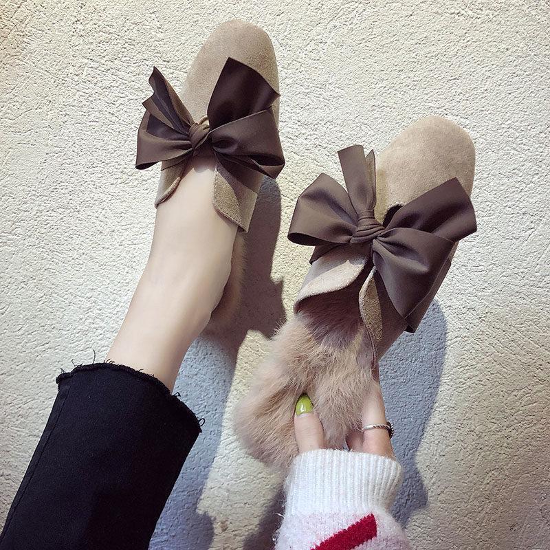 Fur Trim Floppy Bow Slippers