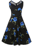 レトロな黒い花のプリーツドレス
