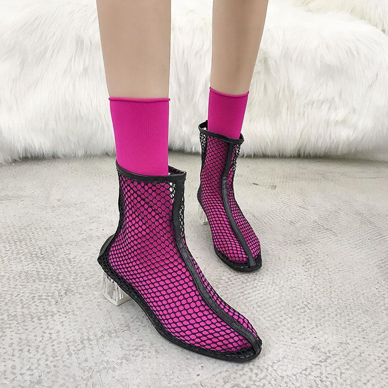 Clear Heel Fishnet Statement Booties - Theone Apparel