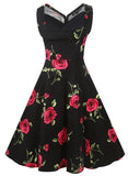 レトロな黒い花のプリーツドレス
