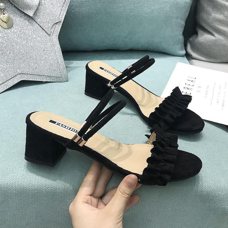 Suede Ruffle Strap Sandal Pumps