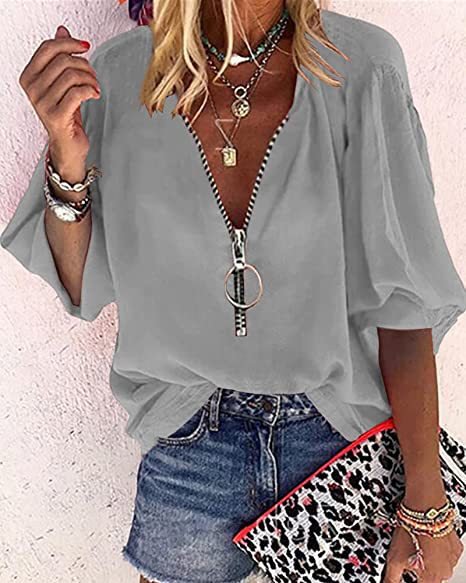 Bold Zippered Long Sleeved V-neck Women's Top - THEONE APPAREL