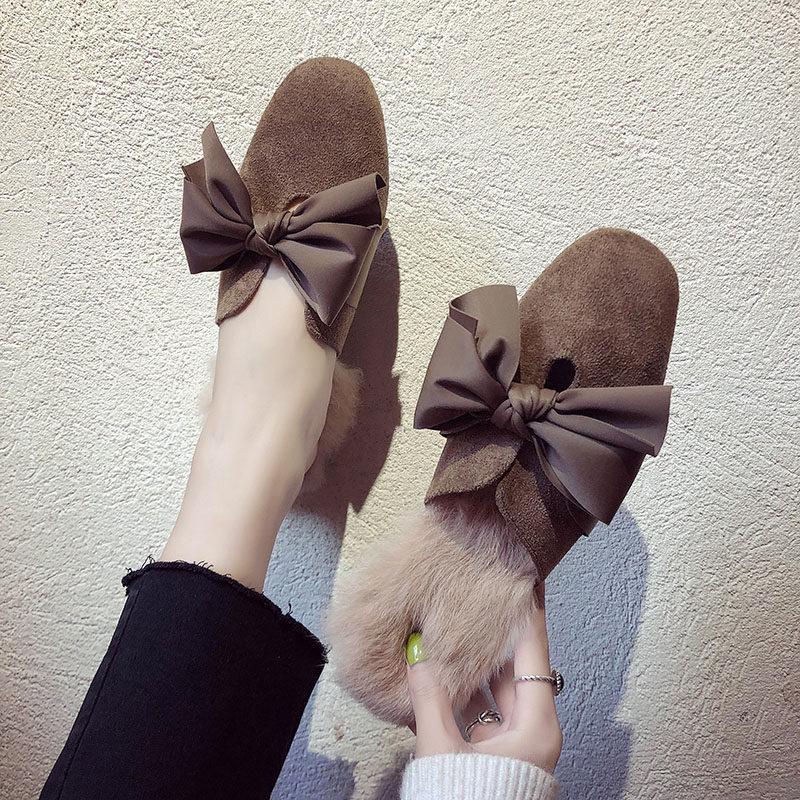 Fur Trim Floppy Bow Slippers