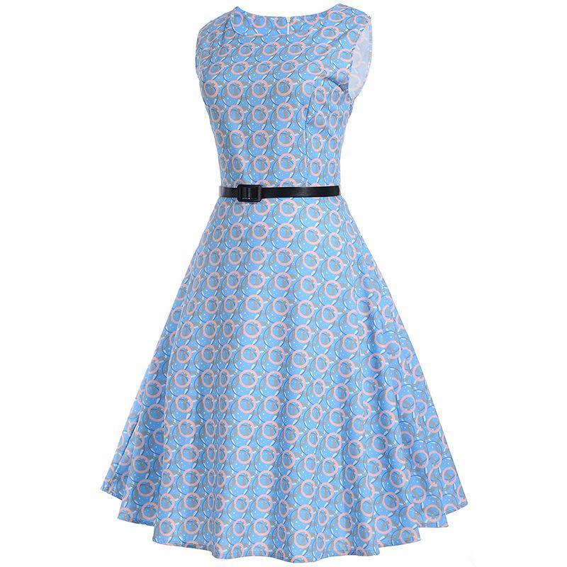 Circle Print A Line Dress with Belt - Theone Apparel