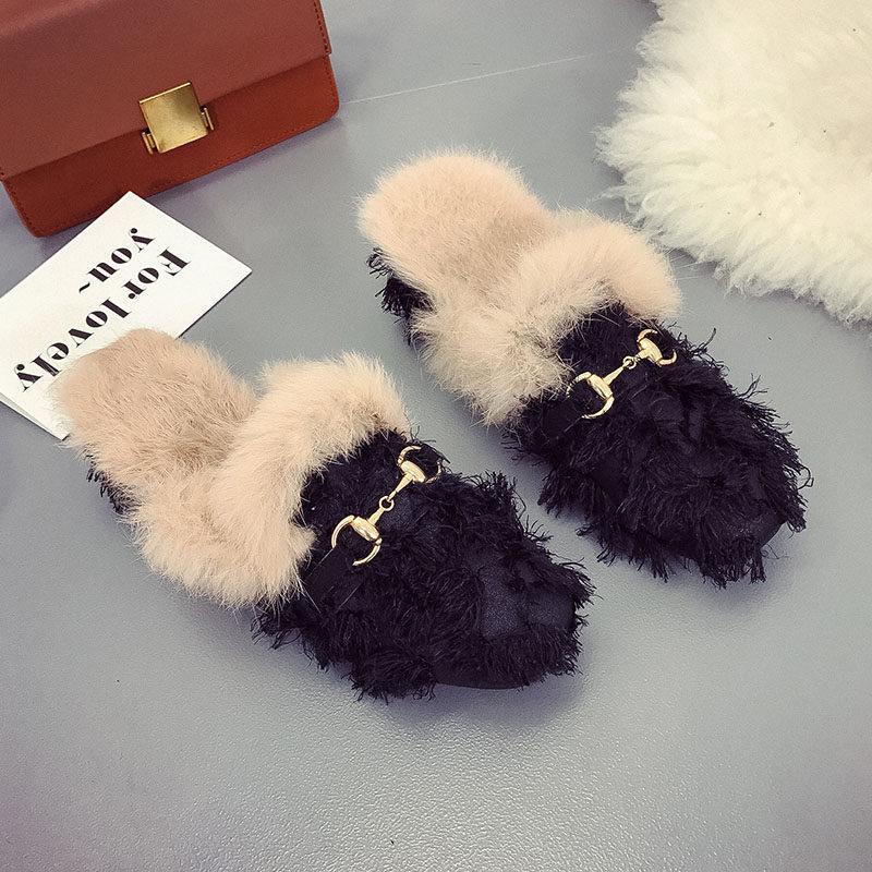 Distressed Fringe Fur Fashion Slippers - Theone Apparel