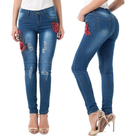 Embroidered Rose Skinny Fashion Jeans - Theone Apparel