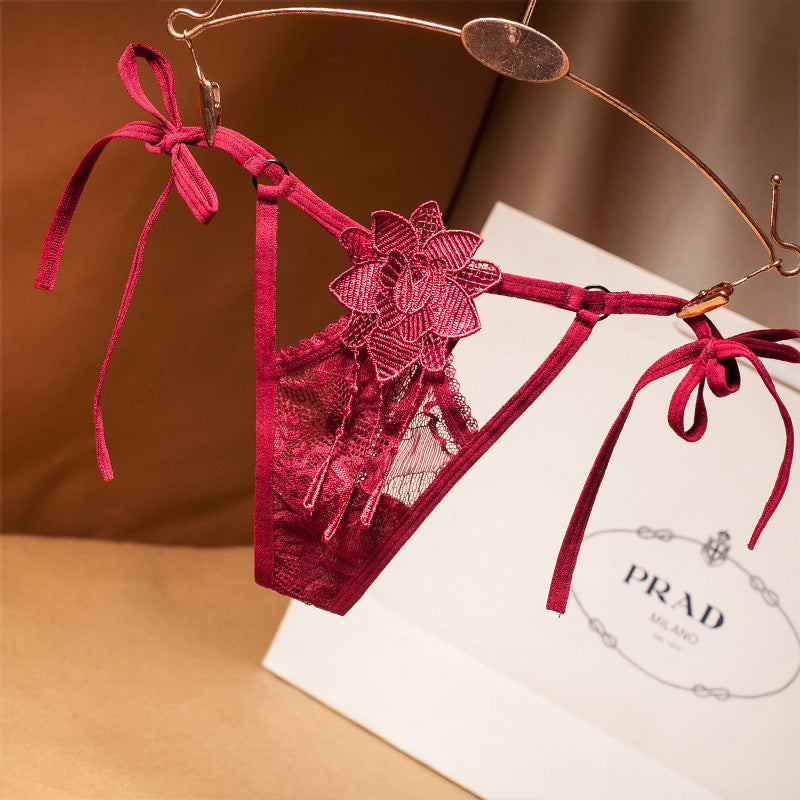 Floral Lace Cutout Thong Panties-Dark Red-Theone Apparel