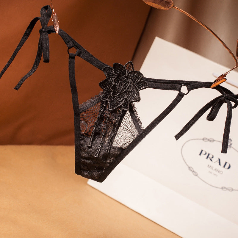 Floral Lace Cutout Thong Panties-Black-Theone Apparel