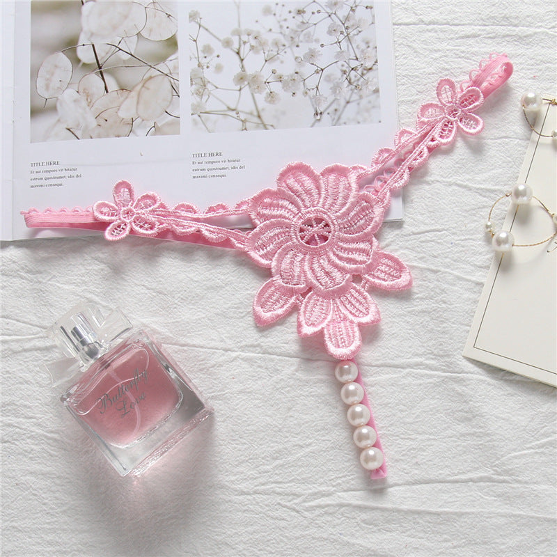 Flower Applique Pearl Strand G String-Pink-Theone Apparel