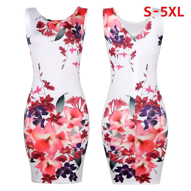 Flower Garden Sleeveless Office Dress-White/Red-Theone Apparel