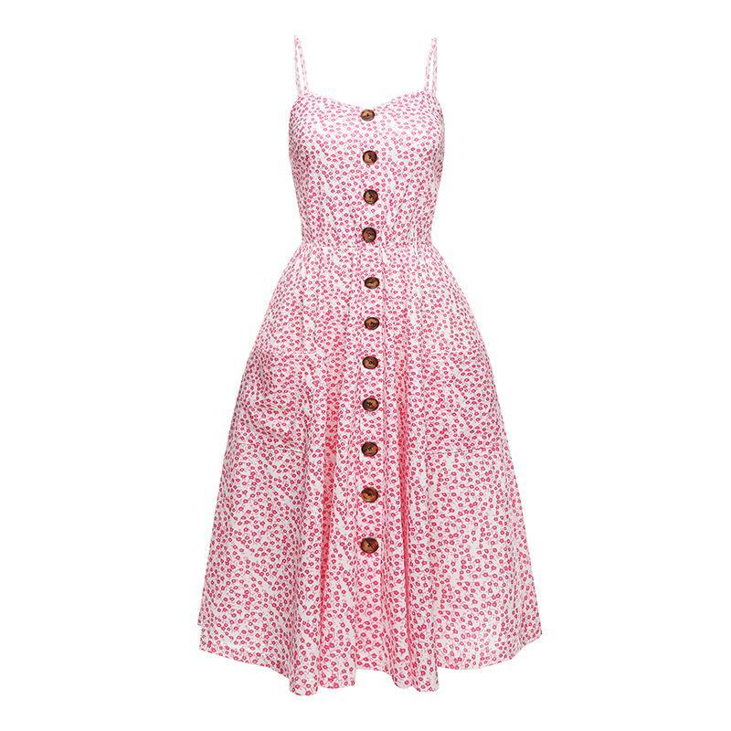 Flower Print Button Up Summer Dress-Pink-Theone Apparel