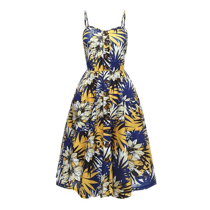 Flower Print Button Up Summer Dress-White/Blue-Theone Apparel