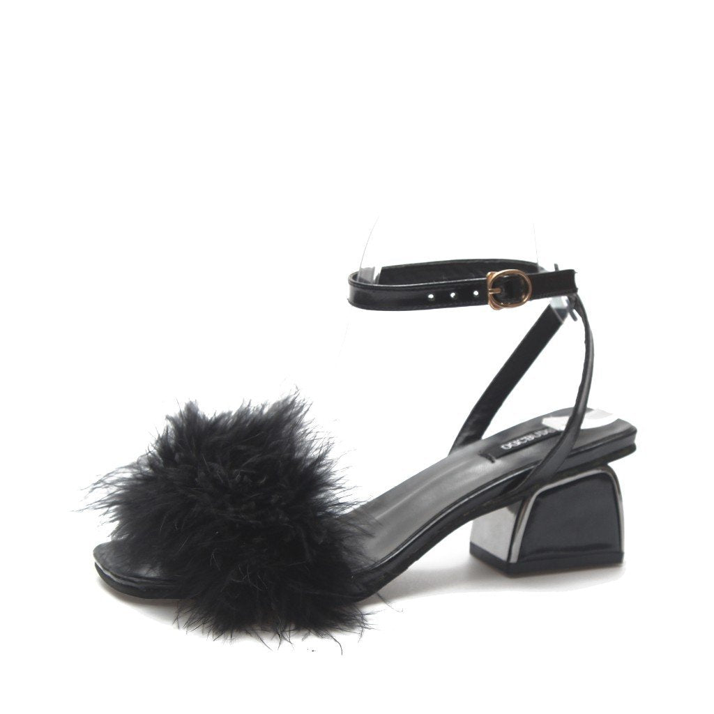 Fluffy Fur Strap Kitten Heel Sandals - Theone Apparel