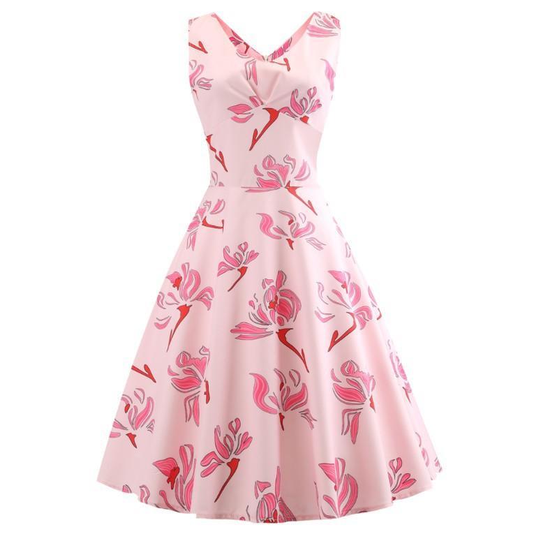 Fruit Print Pleat Front A Line Dress-Pink-Theone Apparel