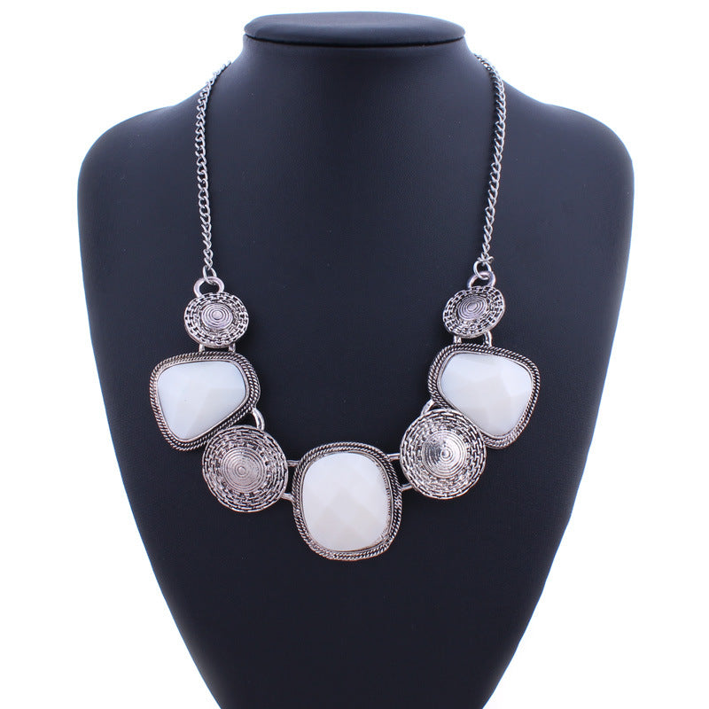 Geometric Retro Gemstone Statement Necklace-Silver-Theone Apparel