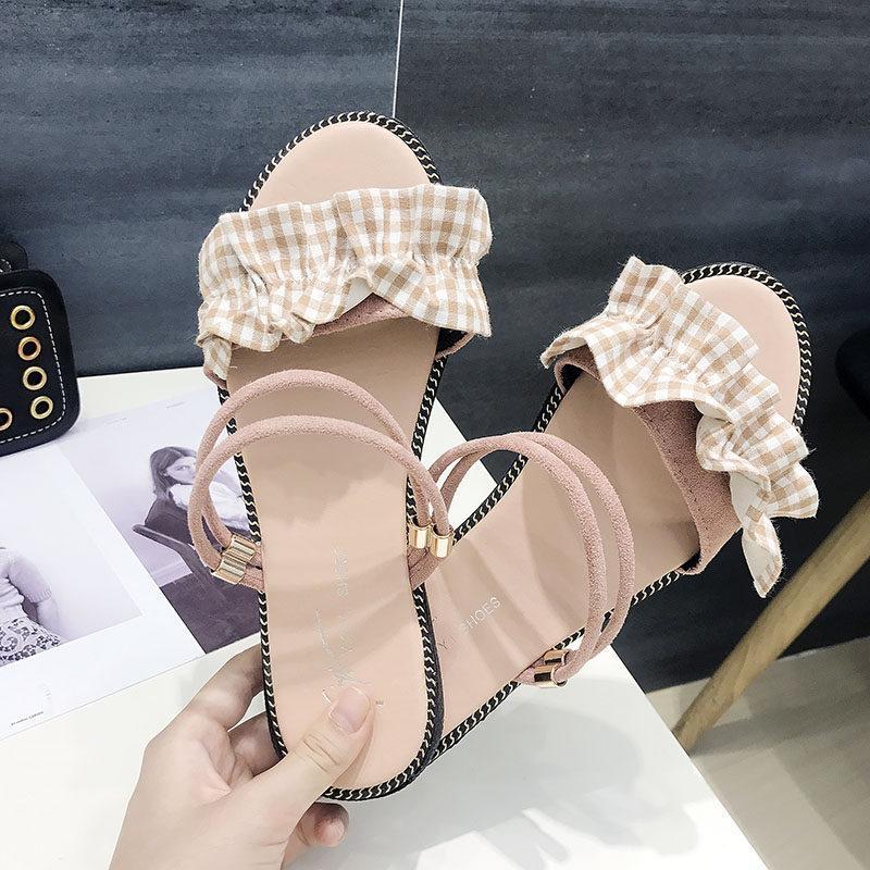 Gingham Print Ruffle Strap Flats-Pink-Theone Apparel