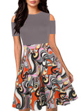 Shoulder-Cutout Printed Skirt A-Line Dress