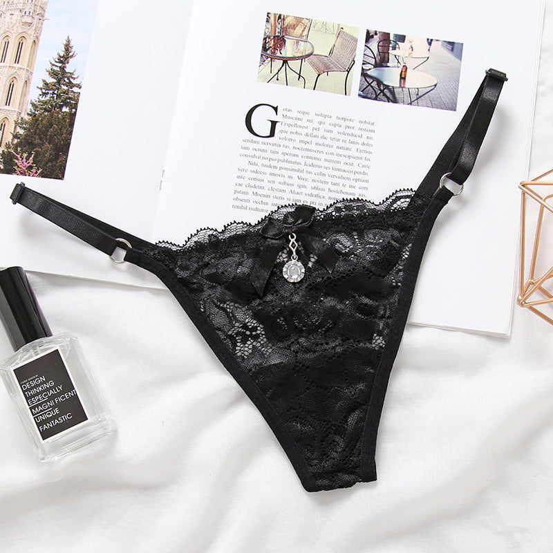 High Waist Lace Thong with Jeweled Center-Black-Theone Apparel
