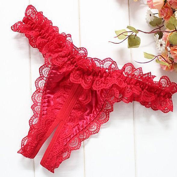 High-Waisted Ruffly Lace Crotchless Thong-Red-Theone Apparel