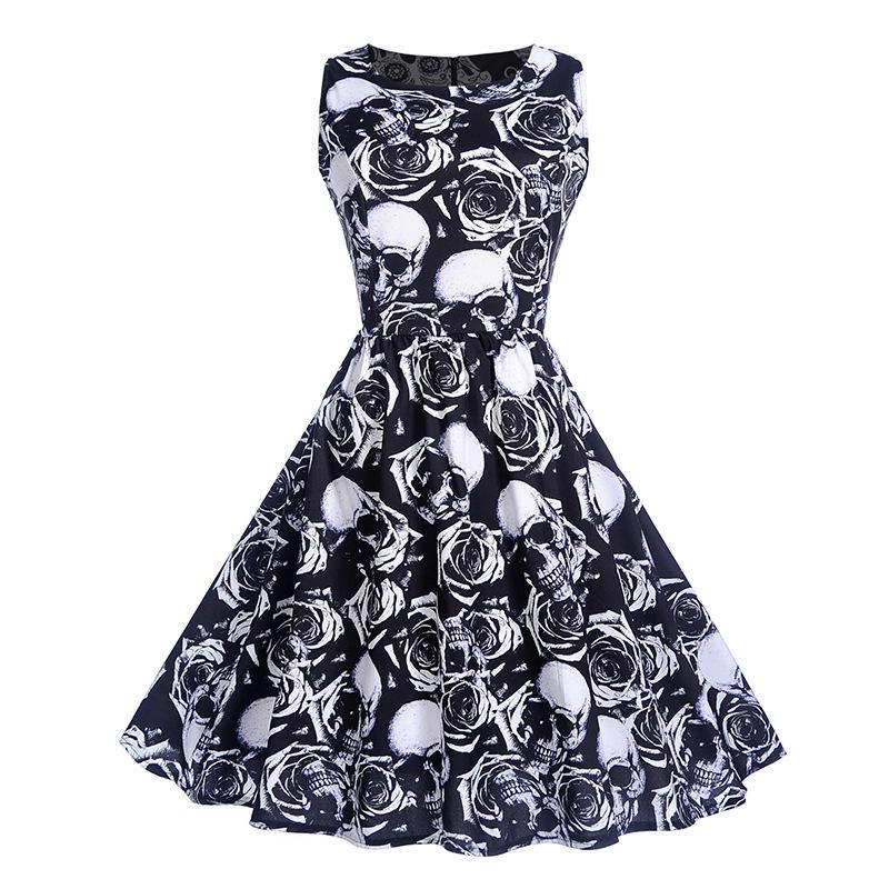 Holiday Print Pleated A Line Dress-Black/White-Theone Apparel