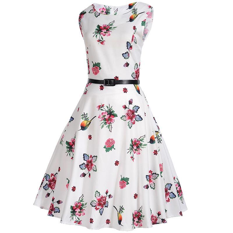 Hummingbird Floral Print A Line Dress - Theone Apparel