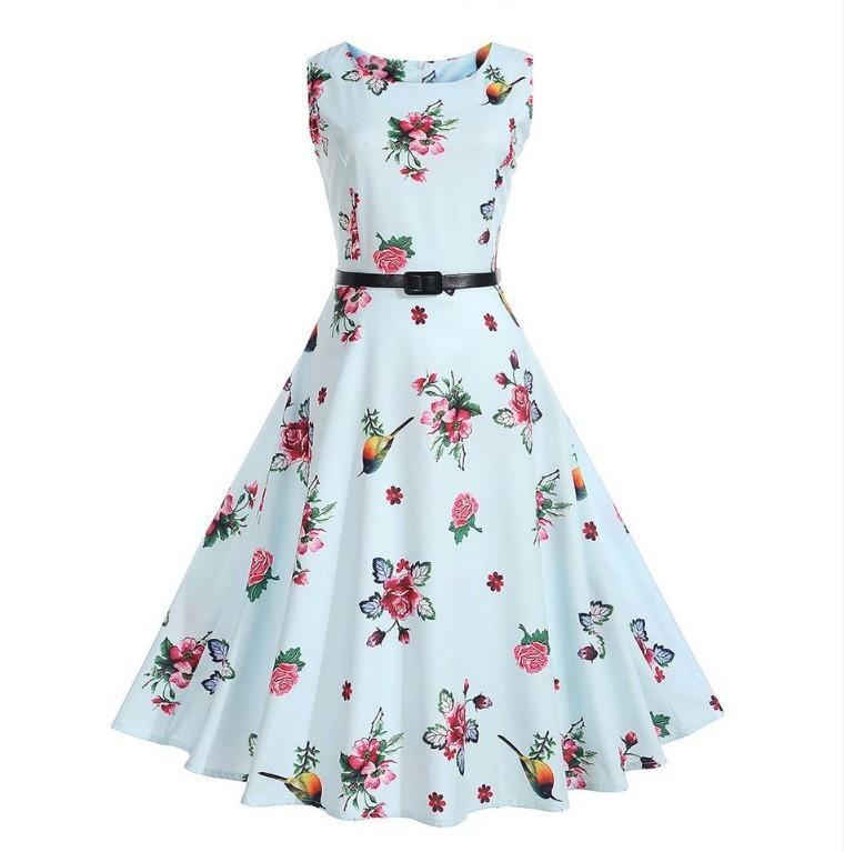 Hummingbird Floral Print A Line Dress - Theone Apparel