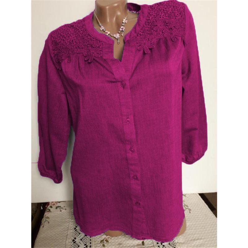 Lace Embroidery Button Up Blouse-Rose Red-Theone Apparel