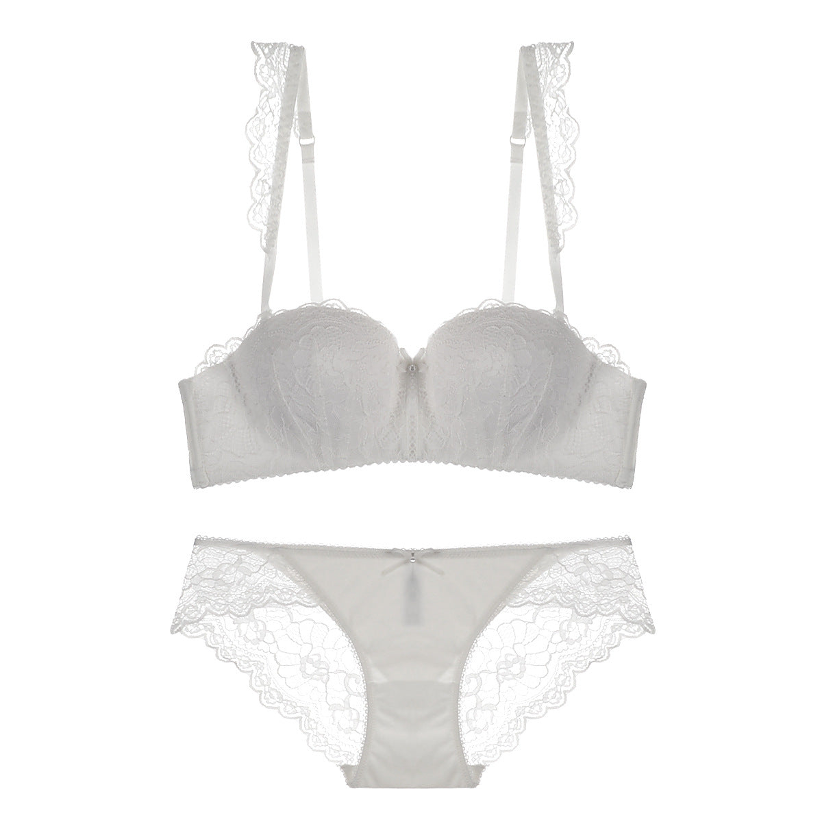 Lace Strap Balconette Bra and Panty Set-White-Theone Apparel