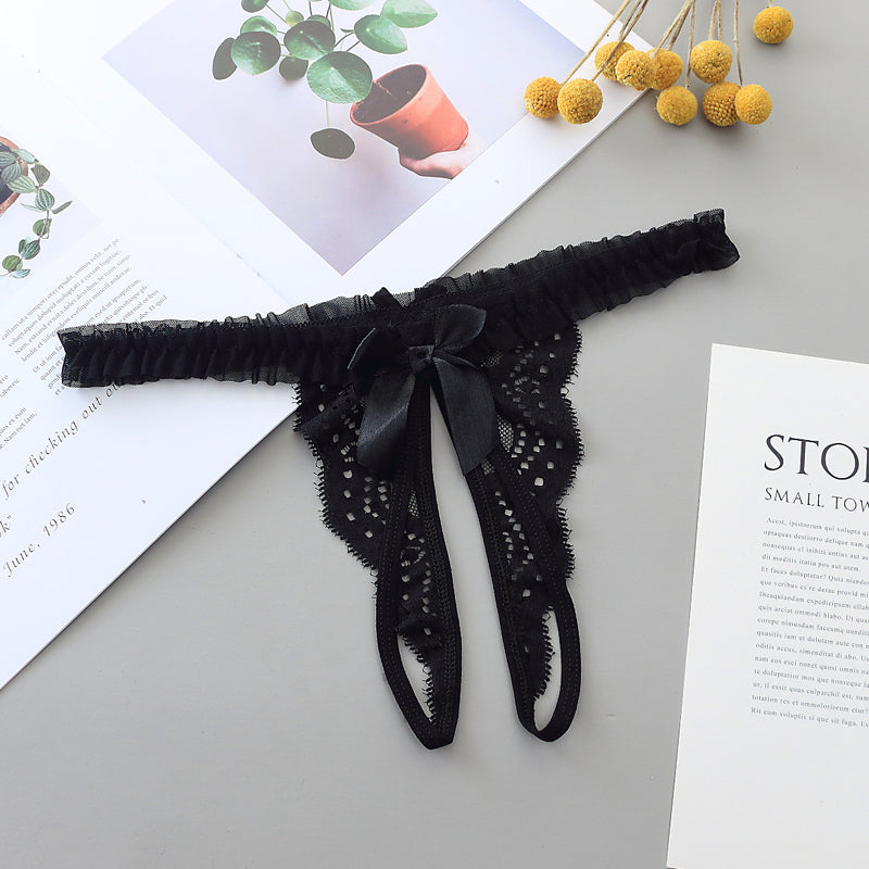 Lace and Bow Butterfly Style Cutout Thong-Black-Theone Apparel