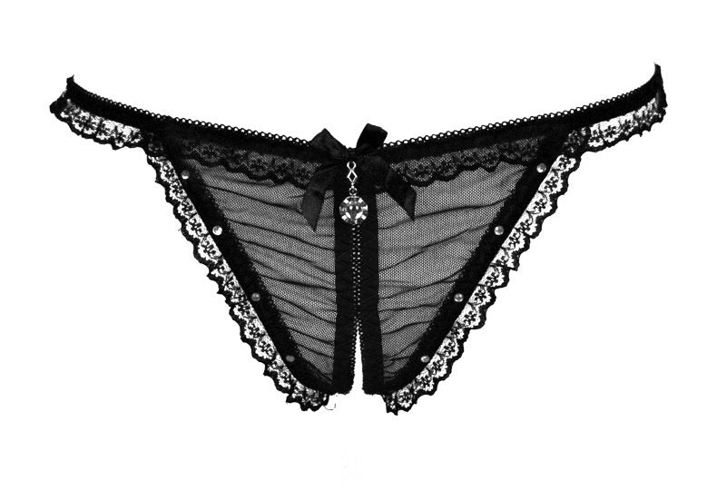 Lace and Mesh Cutout Front Jeweled Thongs-Black-Theone Apparel