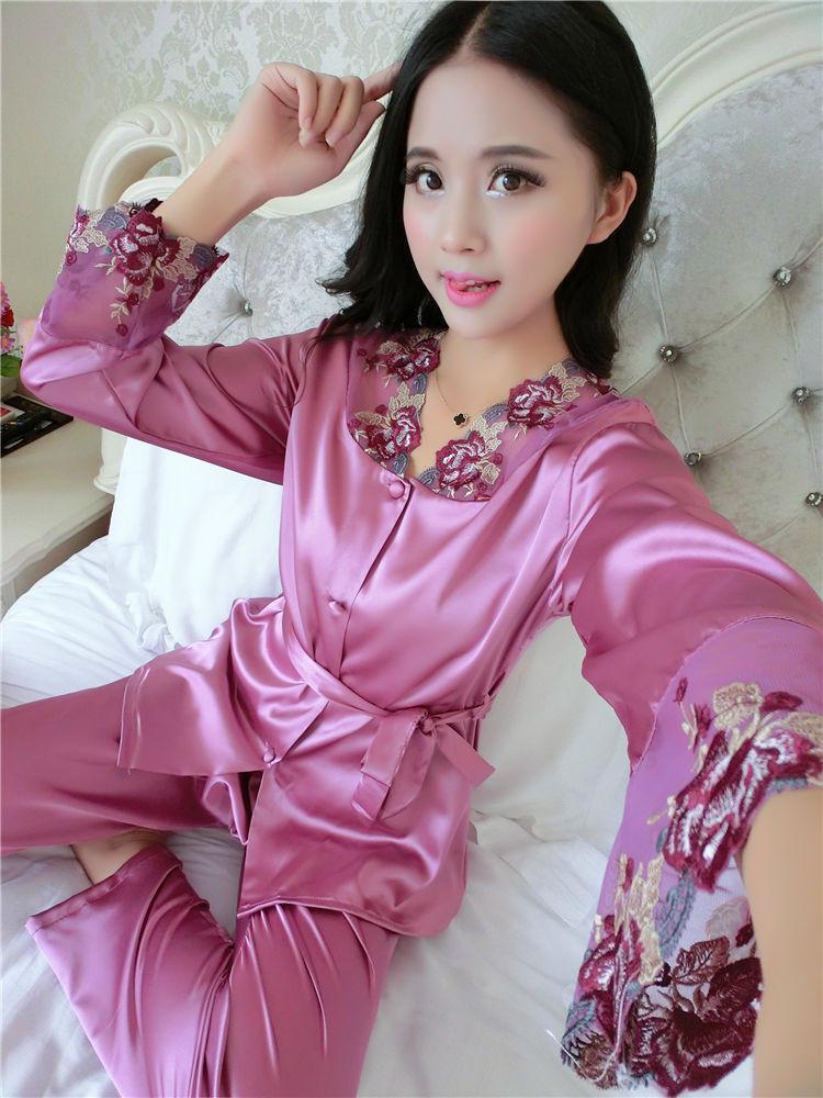 Lace and Satin Pajamas Robe Set-Purple-Theone Apparel