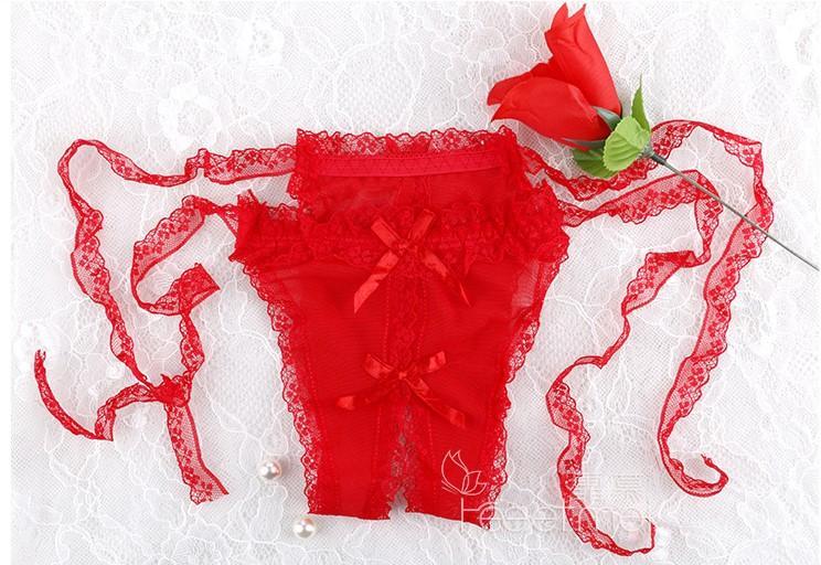 Lacy Side Tie Bikini Crotchless Undies-Red-Theone Apparel