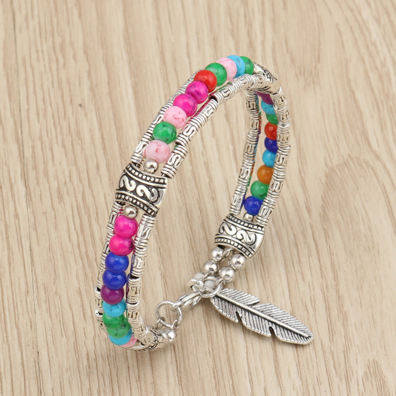 Multicolor Beaded Bangle Bracelet-Pink/Blue-Theone Apparel