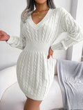 Robe pullaire en tricot pour femmes avec col en V et manches longues