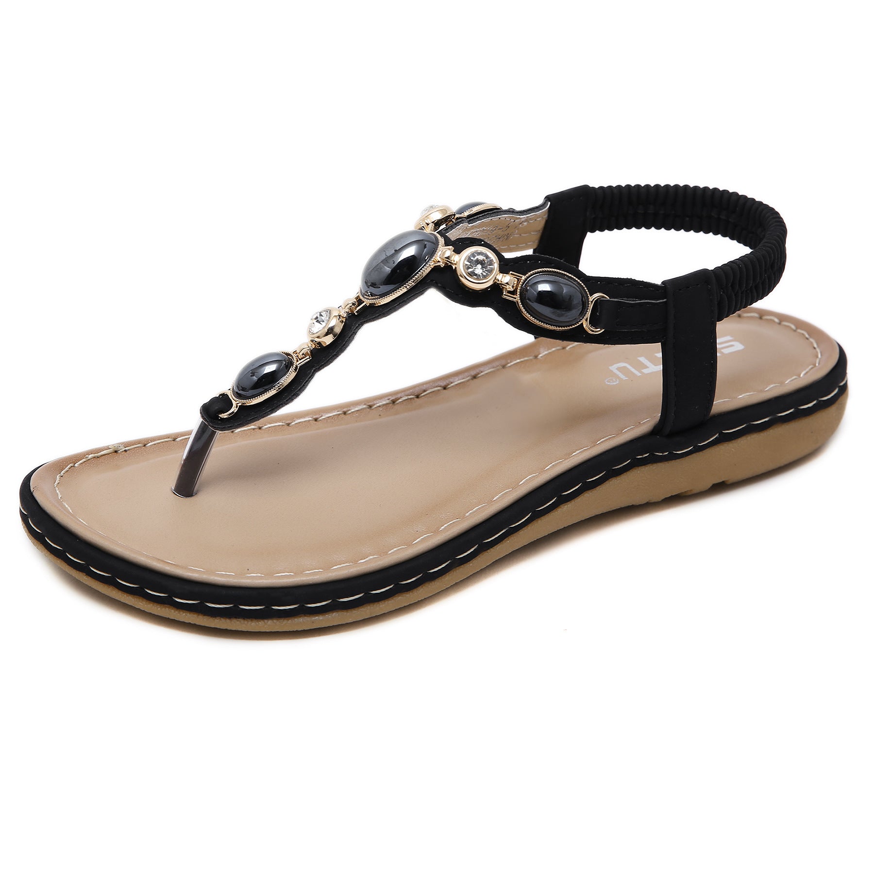 Elastische Knöchelriemchen-Sandalen mit Ziernähten und Strasssteinen