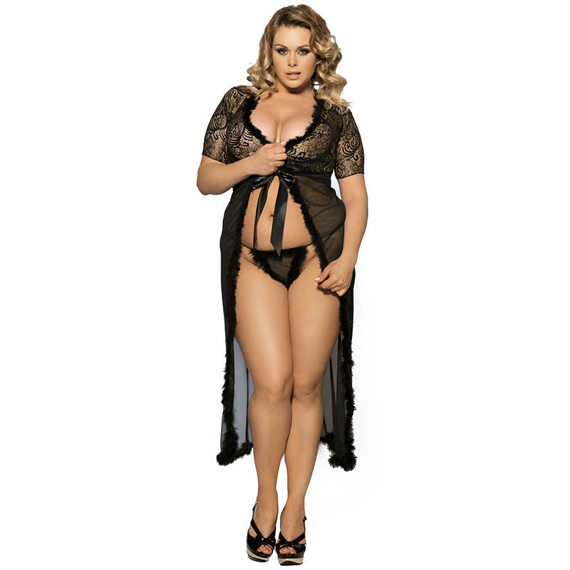 Plus Size Feathery Duster Waist Tie Robe-Theone Apparel