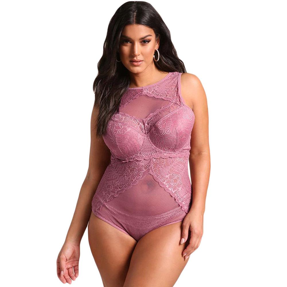 Plus Size Mesh & Lace Teddy Romper-Pink-Theone Apparel