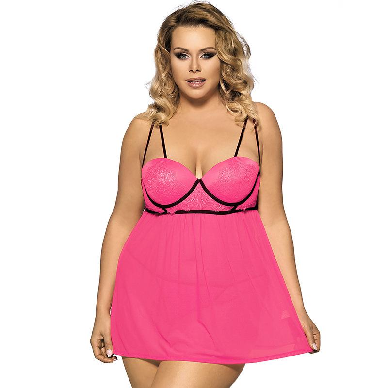 Plus Size Strappy Lacy Babydoll Mini Dress-Hot Pink-Theone Apparel