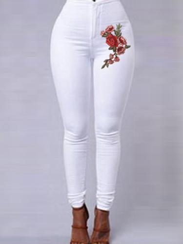 Red Floral Embroidery Skinny Jeans - Theone Apparel