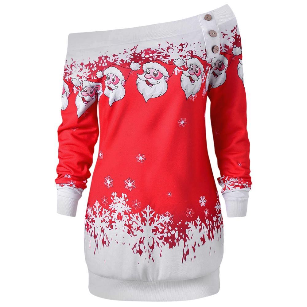 Sudadera con cuello sesgado y copos de nieve de Papá Noel