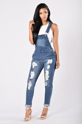 Ripped Ankle Cuff Jean Overalls - Theone Apparel