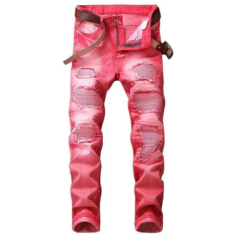 Ripped Skinny Jeans with Belt-Red-Theone Apparel