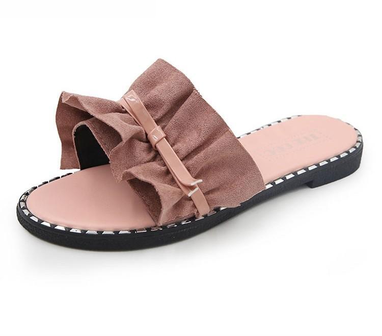 Ruffle Strap Stud Trim Slippers-Pink-Theone Apparel