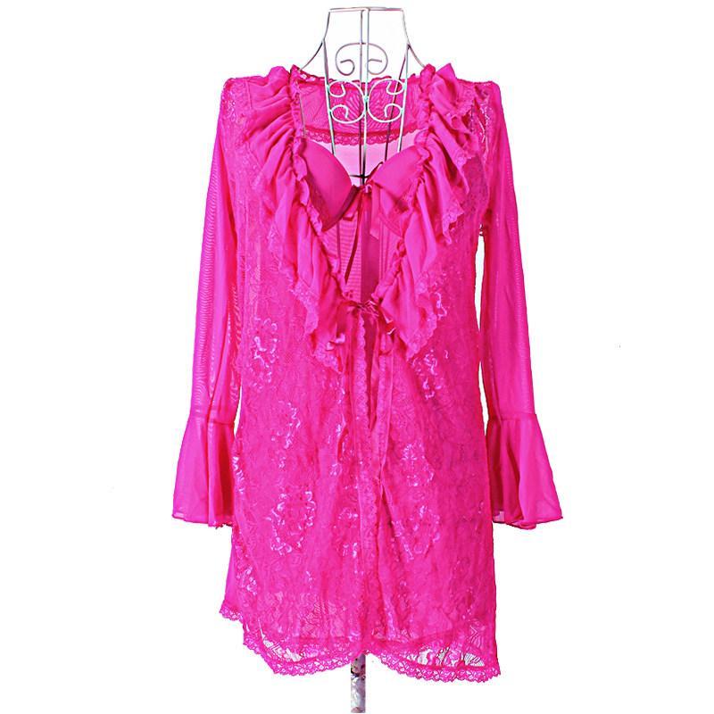 Ruffles and Lace Lingerie Robe with Bra-Hot Pink-Theone Apparel