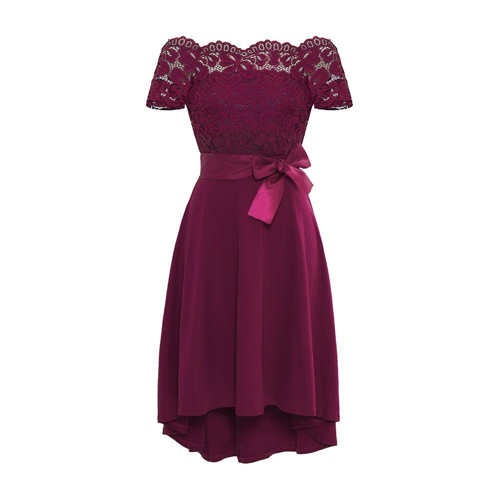 Satin Bowtie Off Shoulder Lace Dress-Dark Red-Theone Apparel