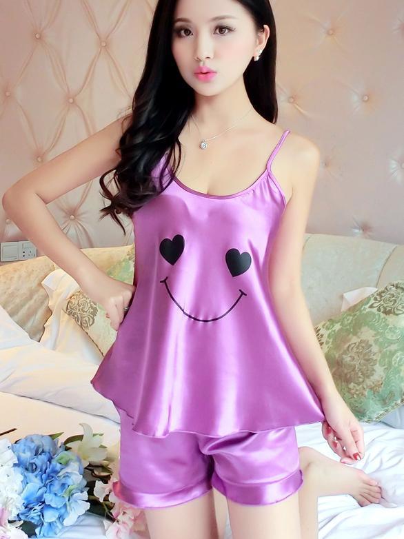 Satiny Smiley Face PJ Short Set-Purple-Theone Apparel