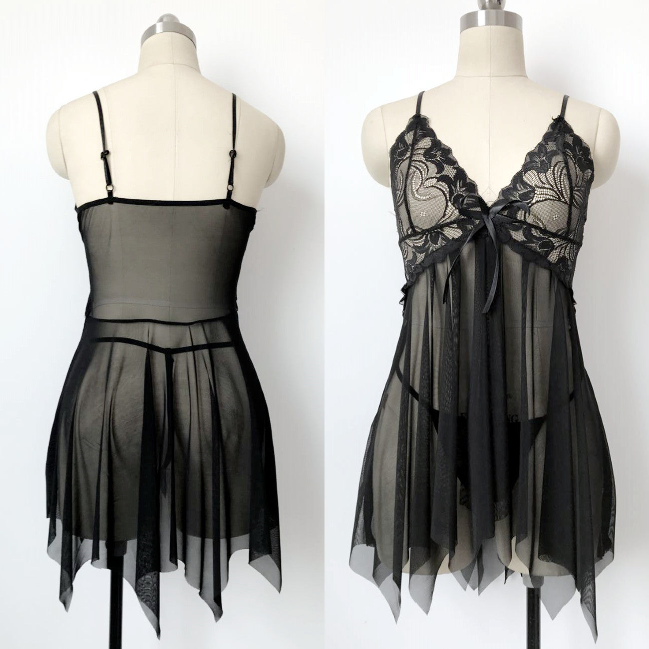 Scarf Hem Flower Lace Babydoll Set-Black-Theone Apparel